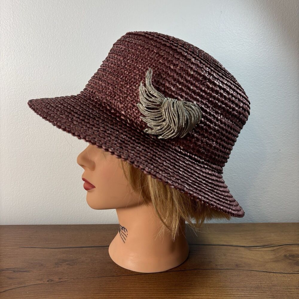 Eric Javits Woven Straw Cloche Bucket Hat Burgundy w Metallic Feather Brooch USA